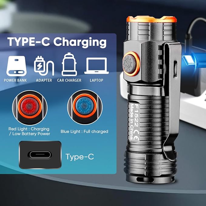 EDC Flashlight, Led Rechargeable Mini Pocket Light with Clip, High Lumens Ultra Bright Compact Flashlights with Magnetic for Camping Hiking Outdoor Emergency Use Waterproof