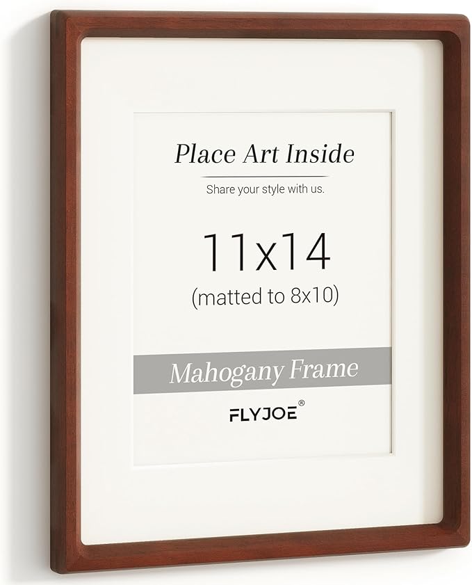 11x14 Picture Frame, USA-Sourced Natural Mahogany Wood Photo Frame with Tempered Glass, Handcrafted Rounded Corner 11 x 14 Wooden Frame Matted to 8x10 Photos, Hanging Hooks Included