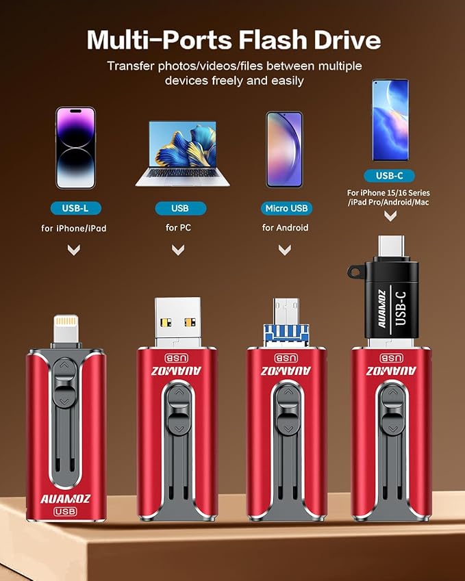 AUAMOZ 256GB Flash Drive Intended for iPhone, Memory Stick Storage Files Photos Videos Backup, Compatible with iPhone iPad Android PC, Plug and Play, No Application Required (Red)