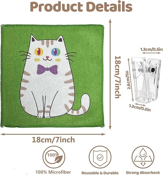 8-Pack Ultra-Fine Microfiber Kitchen Towels, 7-Inch Square with 8 Clips & Multiple Patterns – Soft, Absorbent, Reusable Cleaning Cloths (Cats)