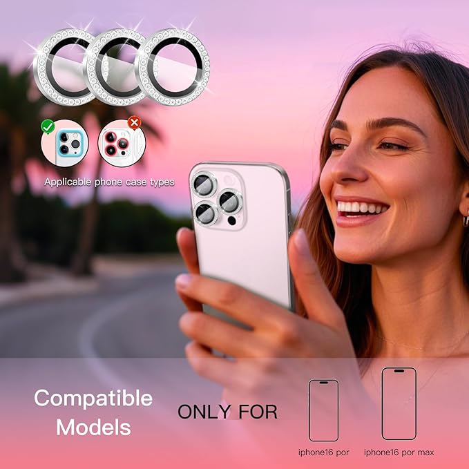 Camera Lens Protector Bling Compatible for iPhone 16 Pro/iPhone 16 Pro Max,9H Tempered Glass Camera Cover Screen Protector,HD Clear,Aluminum Alloy Ring Decoration (Diamond Silver)
