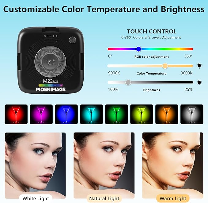 RGB Video Lights, Portable Camera Lights, LED Camera Light with Quick Release Cold Shoe Adapter and Clip, RGB Small Lamp, 3000-9000K 360° Full Color Photography Lighting for Camera, Black