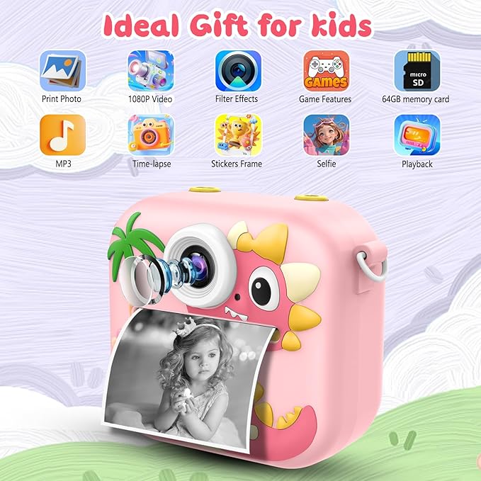 64GB Kids Camera Instant Print, 48MP Birthday Gifts Instant Print Camera for Kids with Print Paper, 1080P Dual-Lens Selfie Instant Cameras Video for Girls Age 3 4 5 6 7 8 9 10 11 Toddler Toy