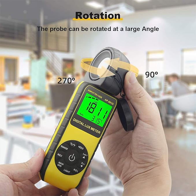 Light Meters, AP-881D Lux Meter with Ambient Temperature（℃/℉）Measurer Light 0.01~400,000 Lux (0.01~40,000 FC), Luxmeter with 270º Rotated Sensor, Back Light, Data storag for Plants LED Indoor Lights