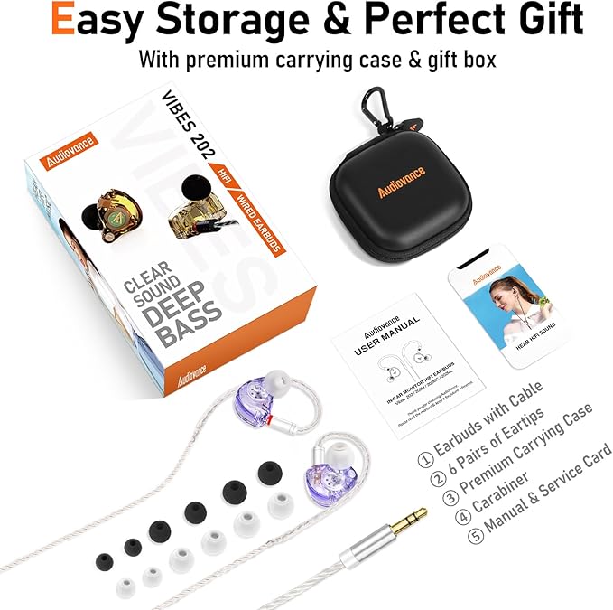 Vibes 202 Wired Earbuds - HiFi in Ear Monitor Headphones – Professional Noise Isolating Ear Buds - Clear Sound, Deep Bass & Comfort-Fit IEM Earphones - MMCX to 3.5mm, Silver Plated Cord, Carrying Case