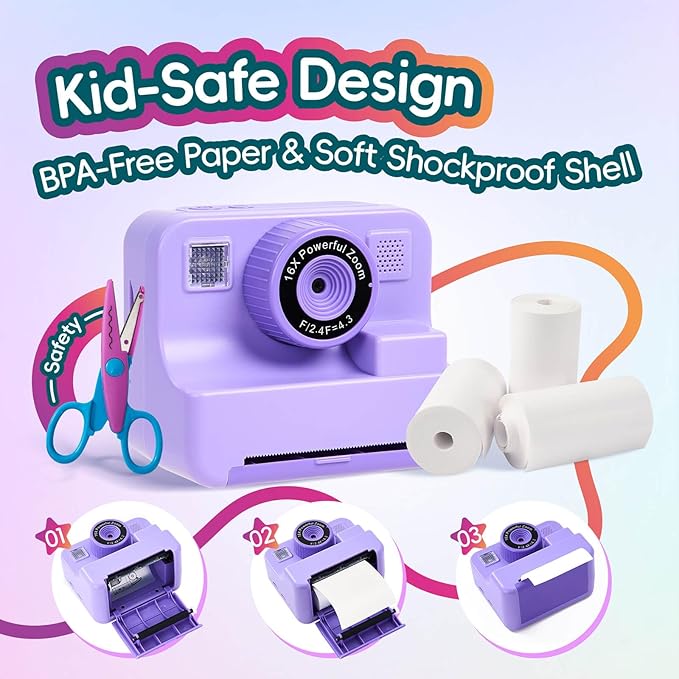 Kids Instant Print Camera, 1080P Selfie Video Camera with DIY Journal Kit – 200+ Accessories, Christmas & Birthday Gifts for Girls & Boys Ages 3-12 (Purple)