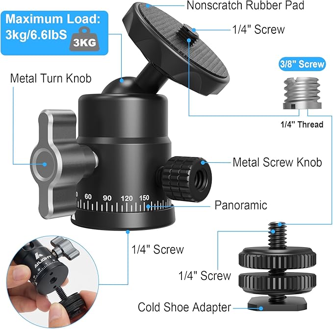 Ailight Mini Ball Head, 360° Panoramic Tripod Head, Universal 1/4" to 3/8" Screw Adapter Swivel Mini Ball Head Screw Tripod Mount, Dual Cold Shoe Mount for DSLR Cameras Camcorder（2 Pack