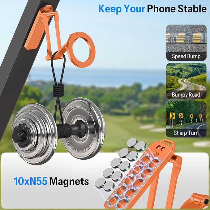 OMOTON CV08 Magnetic Golf Cart Phone Mount with [1/4” Screw + 5.6” Extendable Arm], 360° Rotatable Holder, Strong Magnets for iPhone & Samsung, Fits EZ-GO/Club Car, Includes Pouch & Strap (Orange)