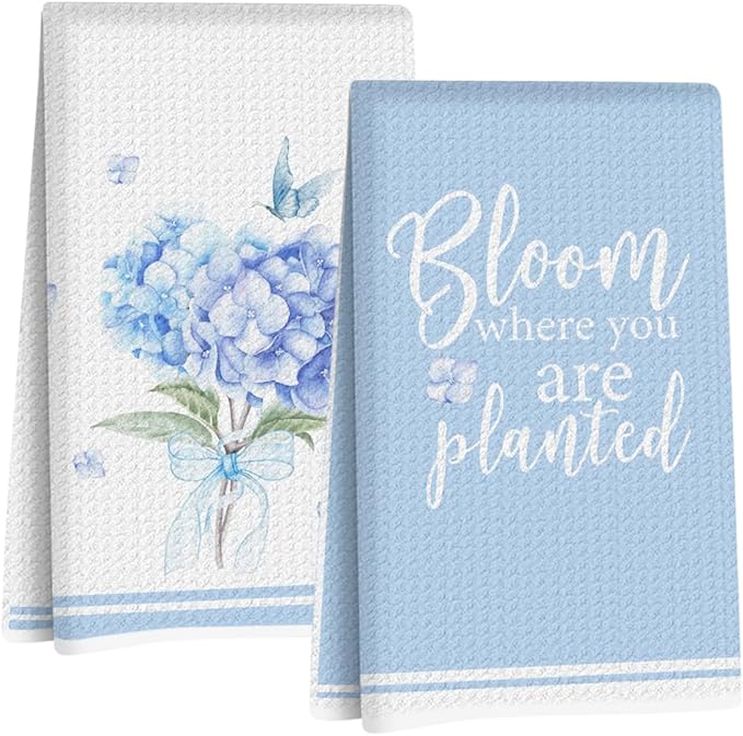 2Pcs Hydrangea Bouquet Kitchen Towels, 24x14 Inch Spring Butterfly Waffle Hand Towels for Kitchen Farmhouse Decor, Absorbent Durable Microfiber Dish Cloth Tea Towel, Home Gifts for Women Mom