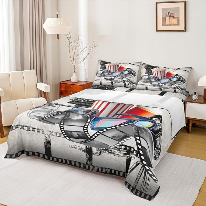 Erosebridal Movie Themed Sheet Set Twin for Boys Girls Family Vintage Cinema Style Bed Sheets Set Home Theater Decor Sheets Film Theme Fitted Sheet Retro Clapboard Popcorn Filmstrip Print Flat Sheet
