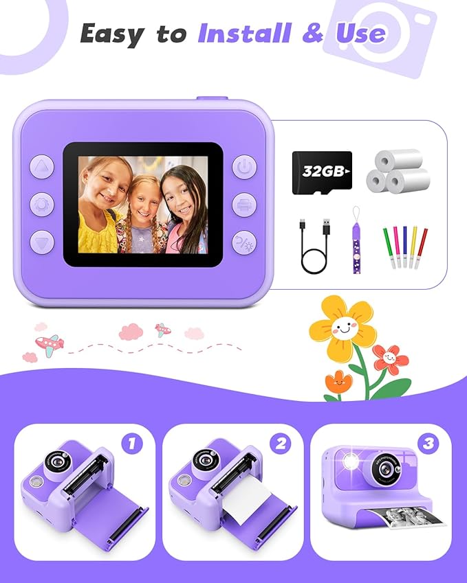 Instant Print Camera for Kids, 1080P Digital Video Cameras, Christmas Birthday Gifts Toys for Age 3-12, Toddler Camera for 4 5 6 7 8 9 10 Year Old Girls - Purple
