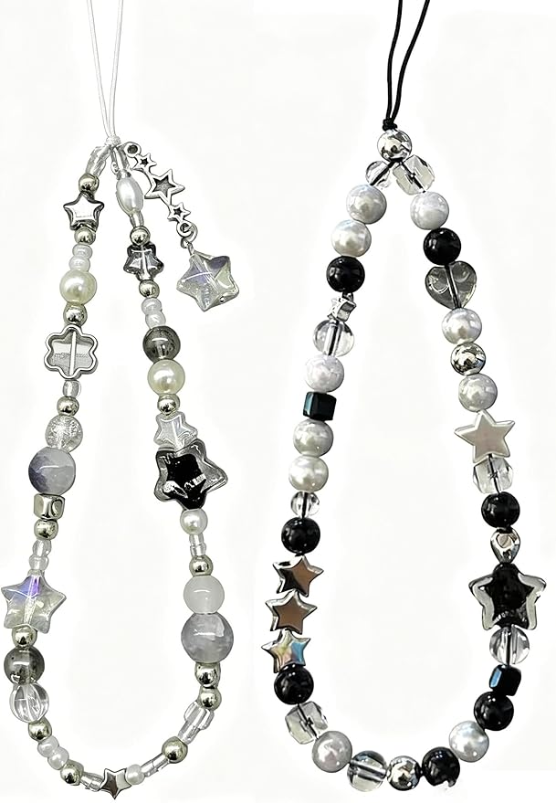 2 Pcs Phone Charm Strap Hand for iPhone Wrist Strap Camera Lanyard Pearl Beaded Cute Chain String Accessories Universal for iPhone 17 Pro Max 16 15 Samsung Women Girls Keychain Silver and Black Star