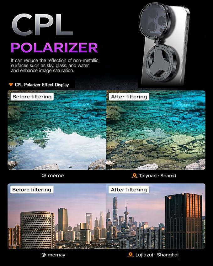 Anti-Glare Magnetic Phone Filter, Foldable Portable Anti Glare Phone Camera Lens, Professional 52mm CPL Polarizing Filter, Quick Mount, Reduce Reflections, Enhance Colors (No Set with Starry Filter)