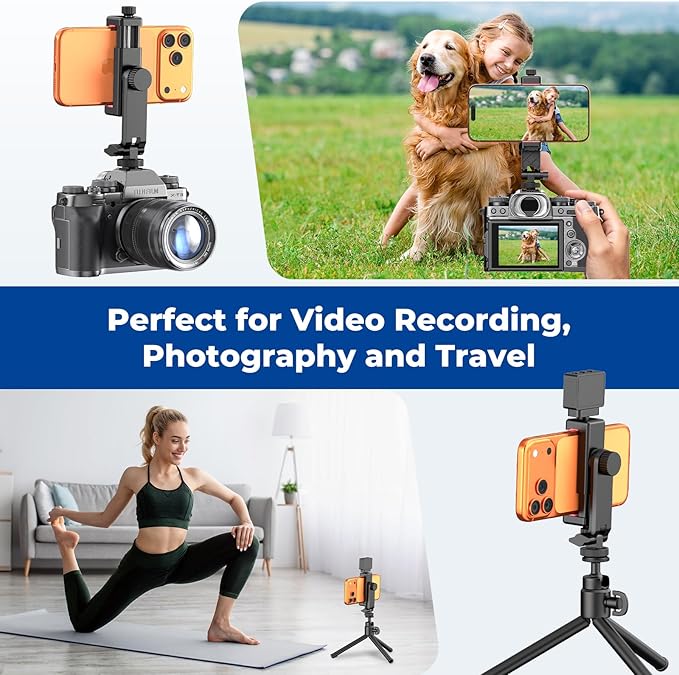 Phone Tripod Mount with Remote Controller, New Universal Smartphone Mount Adapter with Cold Shoe, 360° Rotates Cell Phone Clip Clamp Holder, Compatible with iPhone, Samsung and All Phones