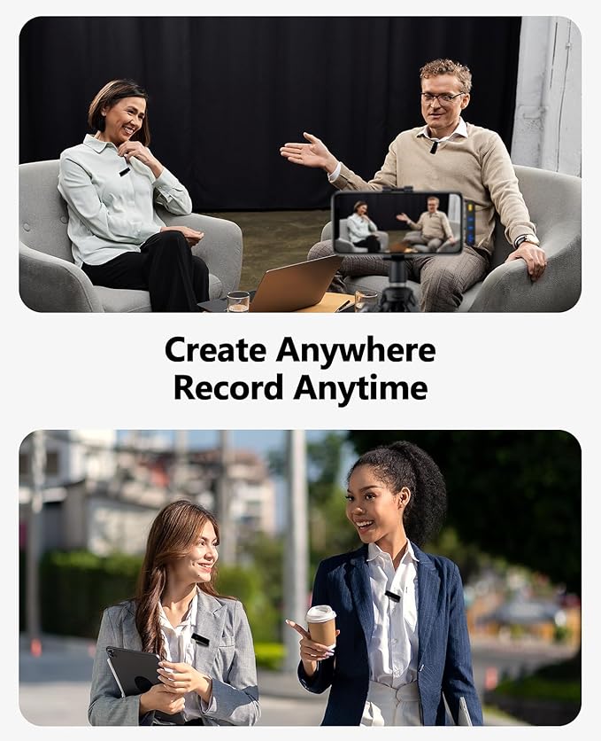 Rythflo Wireless Lavalier Microphone for iPhone/Android/iPad/Laptop Dual Lav Mic with Charging Case, AI Noise Reduction, 50H Battery, 230ft Range, Lapel Microphones for Video Recording, Vlogging