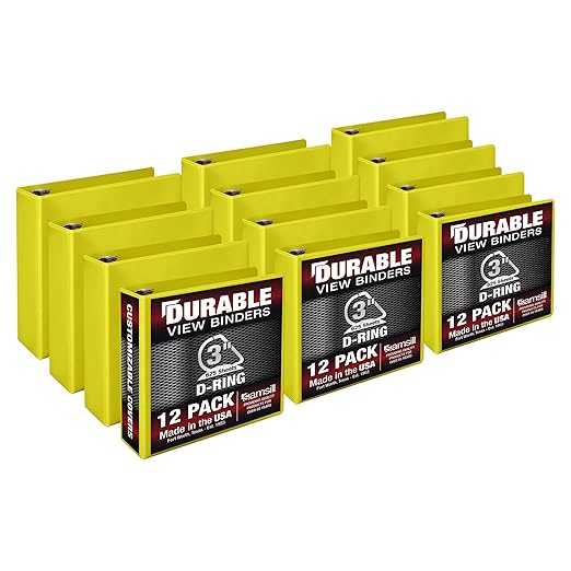 Samsill Durable 3 inch 3 Ring Binder, Made in USA, D Ring Binder, FSC 100% Recycled Chipboard, Yellow, 12 Pack