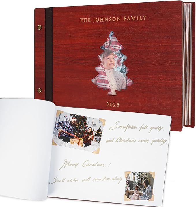Personalized Christmas Photo Album - Wooden Custom Memory Photo Album, Vintage Memory Book for Family Holiday Memories, Unique Christmas Gift