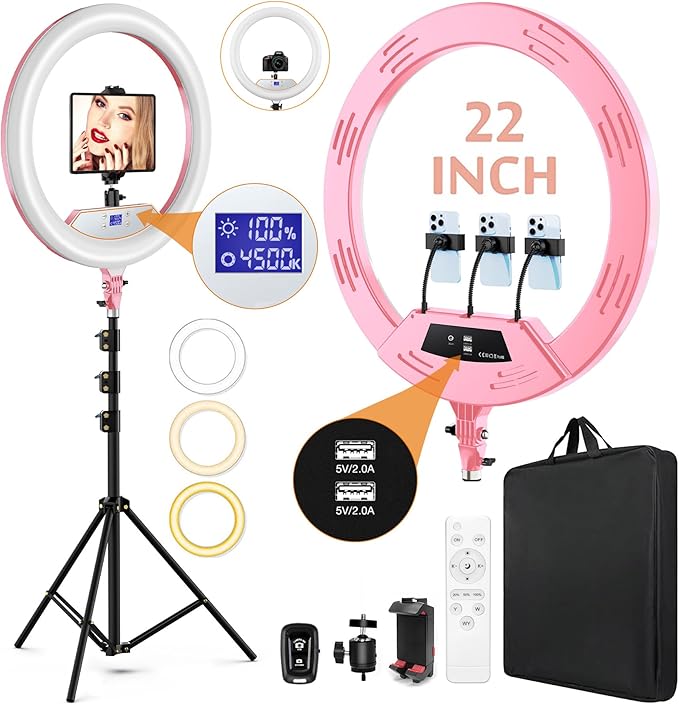 22"Ring Light with Stand,Ring Light Tripod for iPhone ipad,with 75"Tripod/LCD Display/4 ipad iPhone Clips/2 USB Ports,2600K-6500K Color Temperature,for Barber Makeup Tattoo TikTok Video Recording Vlog