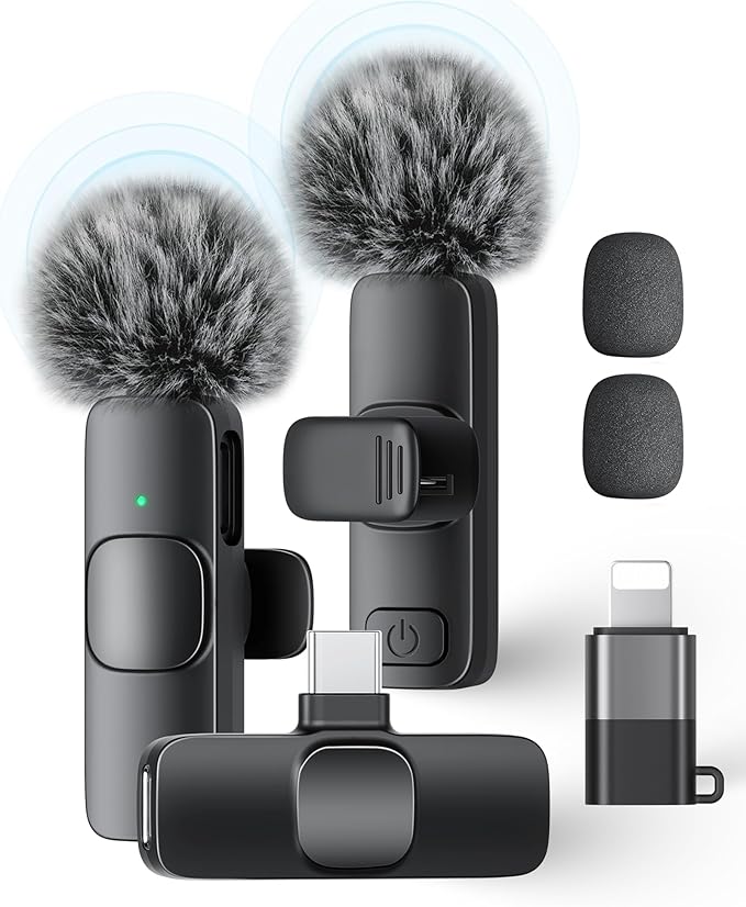 Wireless Lavalier Microphone for iPhone iPad and Android Phone, 2 Pack Lapel Mic Plug and Play Wireless Mic Noise Reduction Microphone for Video Recording Interview Podcast (Black)