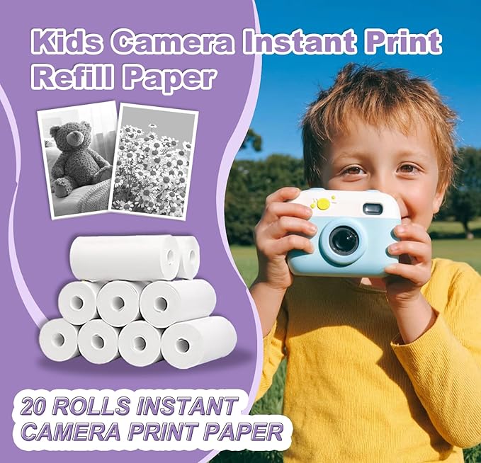 Kids Camera Paper Roll Refill for Instant Print Camera, 20 Rolls BPA and BPS Free Thermal Paper, Compatible with Most Popular kids print camera