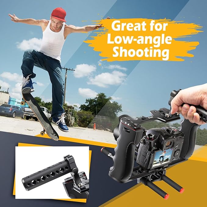 Zeadio Camera Top Handle Grip, Universal Adjustable Camera Handle with Mounting Points and Cold Shoe Mount for All Camera Cage, LED Lights, Microphones, etc