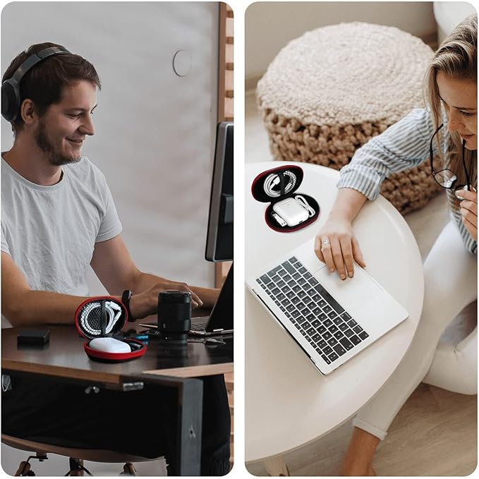 MOLOVA for Earbuds Carrying Case, Small Oval Storage Cases, Tech Pouch, Portable Storage Earbud Pouch Bag for Earbuds, in-Ear Headphones, Earphones, Headsets, Hearing Aids, USB Charging Cable, Red
