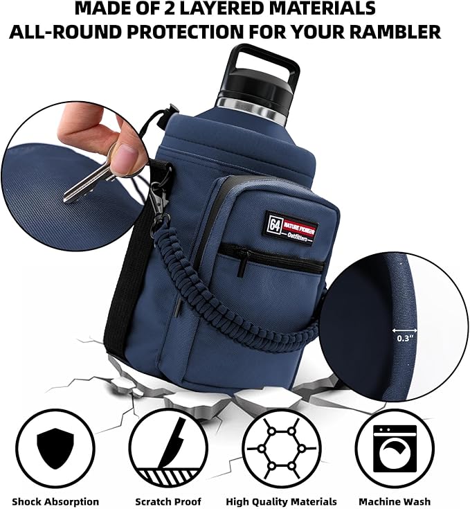 NATURE PIONEOR Water Bottle Holder with Adjustable Strap - Half/One Gallon (64/128oz) Insulated Water Bottle Sling Carrier with Phone Pocket & Paracord Handle, Outdoor Camping, Hiking, Gym