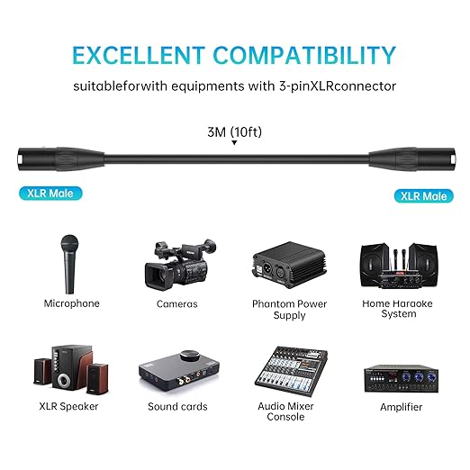XLR Cable Male to Male, 3 Pin Male to Male Microphone Cable with Oxygen-Free Copper (10ft/3m, 1pack)