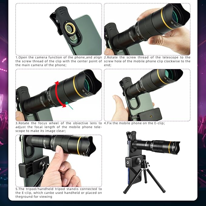 Phone Camera Lens Kit, 32X Long Focus Telephoto High Power HD Lens Wide Angle 0.63X Macro Fisheye 198° for Most Smartphones, Zoom Phone Camera Lens with E-Clip and Tripod for Picture Video Taking