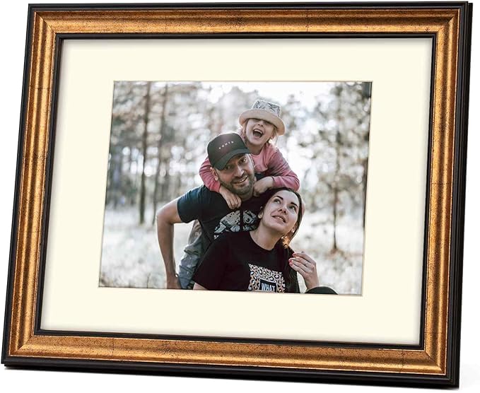 11x14 Antique Gold with Dark Brown Border Trim Wood Ornate Vintage Classic Picture Frame, With Mat 8x10 inches, Real Glass Protection, Horizontal or Vertical Display
