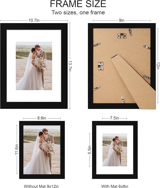 9x12 Picture Frame Set of 4, Made of Real Glass and Rustic Black Frame - Display Picture 6x8 with Mat or 9 x 12 Without Mat, 9 by 12 Photo for Wall or Tabletop