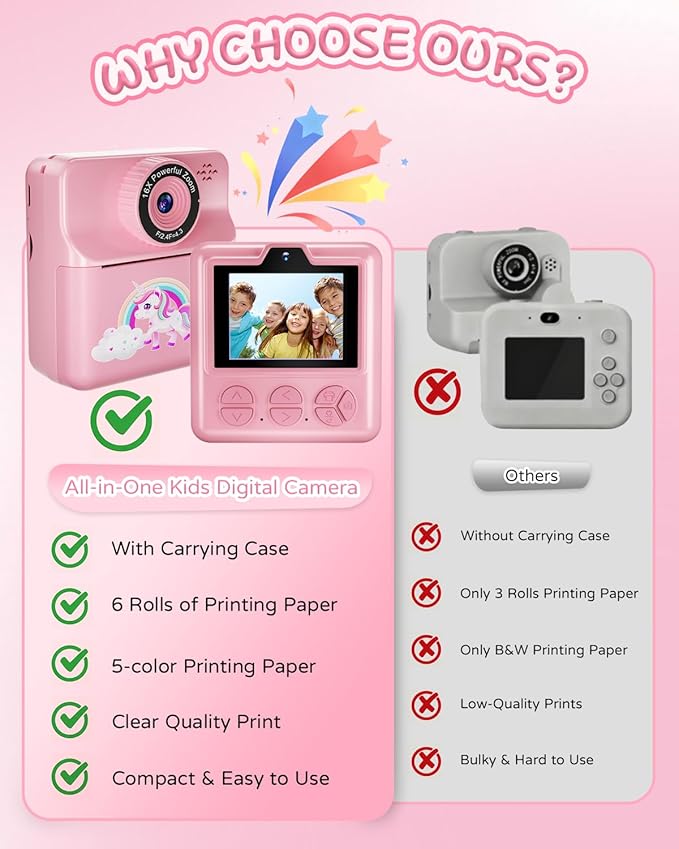 Instant Print Camera for Kids, Digital Selfie Cameras with Carry Case & 5-Color Paper, Portable Toddler Toy Christmas Birthday Gifts for 3 4 5 6 7 8 9 10 11 12 Year Old Girls - Pink