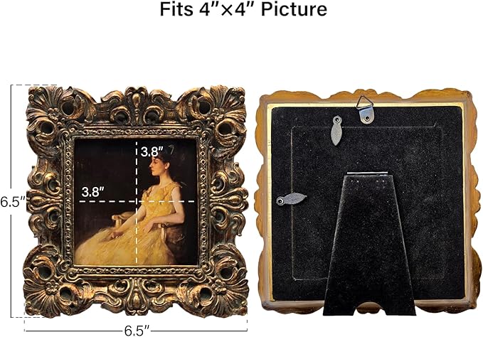 CISOO 4x4 Vintage Small Picture Frame, Antique Ornate Bronze Gold Square Photo Frame, for Table Top and Wall Display, Decorative Floral Design Retro Home Decor, Photo Gallery Art