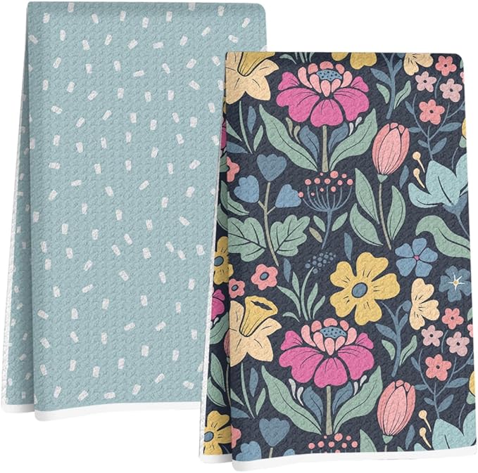 2Pcs Retro Flower Kitchen Towels 24x14 Inch, Dots Seamless Pattern Waffle Hand Towels for Kitchen Home Decor, Absorbent Microfiber Dish Cloth Tea Towel, Housewarming Gifts for Women Mom Grandma