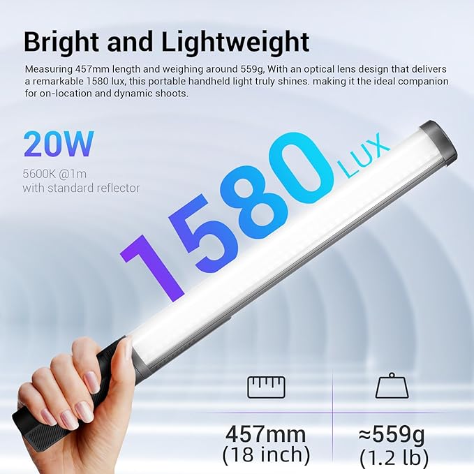 Godox LC500R Mini Handheld RGB Tube Light, 2500K-8500K RGB Stick Light with Barndoor&Soft Diffuseur, 20W 360°Full Color CRI 96+ 15 FX Effects LED Lighting Wand with APP Control