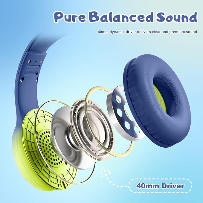 USB Type C Kids Headphones, Wired Headphones for Kids with Microphone 85/94dB Volume Limit, Stereo Sound Portable Over Ear Headphones for School/Travel/Tablet/iPad, Blue Lemon