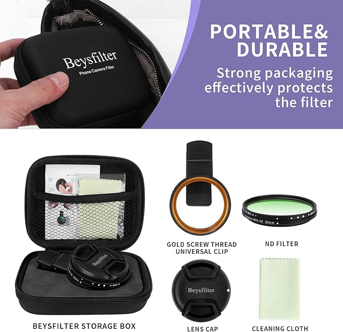 52MM Variable ND2-32 Filter for Phone, Multi-Coating Clip-On Variable Neutral Density Lens Kit, Compatible with iPhone 16/15/14/13 Pro Max, Samsung Galaxy, Google Pixel and Other Smartphone