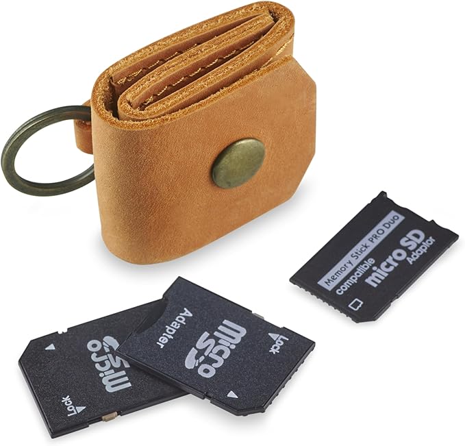 Leather SD Card Holder Keychain, SD Card Case Key Fob, Micro SD Card Holder Organizer, SD Card Storage Case, Memory Card Case Cover, Travel Memory Card Case (Vintage Brown)