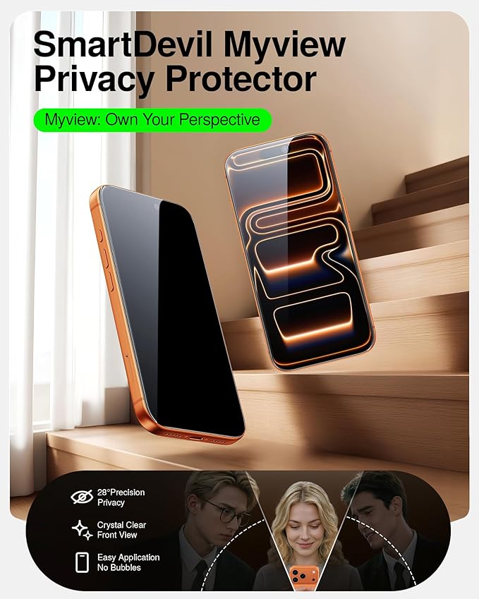 SMARTDEVIL 2 Pack Tempered Glass for iPhone 17 Pro Privacy Screen Protector, Military-Grade Shatterproof Protection, 9H Hardness, Anti-Spy Privacy Film, Fast & Easy Installation, Case Friendly Design