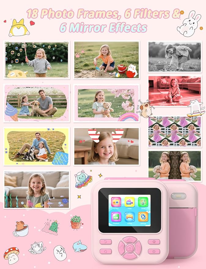 Kids Camera Instant Print, 1080P HD Digital Video Kids Instant Camera for Girl Boys, Toddler Toys for Children Age 3-12 with 3 Rolls Print Paper & 32G Card (Pink)