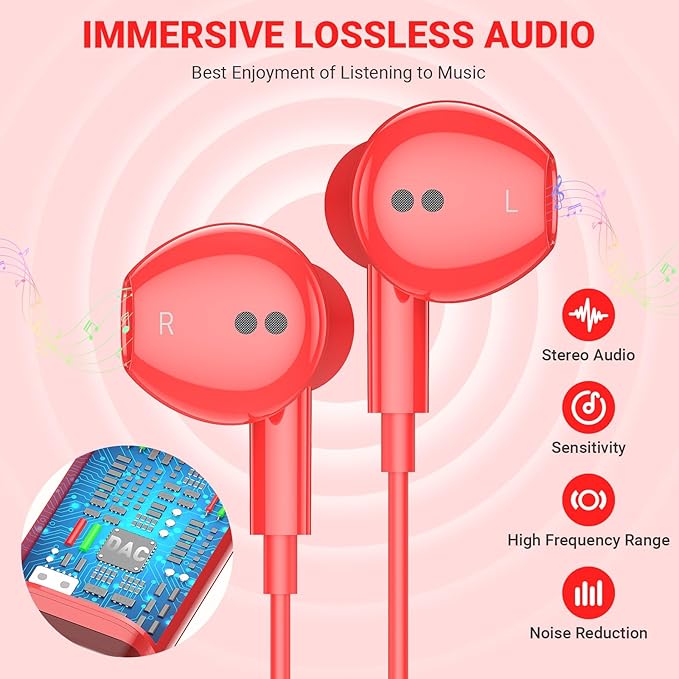 USB C Headphones for iPhone 17 Air 16 Pro Max 15, Type C Earphones with Microphone Magnet HiFi Stereo Wired Earbuds for Samsung Galaxy S26 S25 Ultra S24+ 23 A53 S21 S20 FE Flip 7 6 Fold/Pixel 10, Red