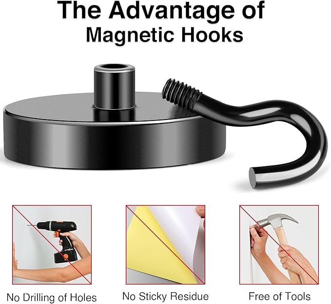 MIKEDE Magnetic Hooks, 170LB Super Strong Magnet Hooks Heavy Duty for Cruise Essentials, Black Neodymium Earth Magnets with Hook for Hanging, Magnetic Metal Hanger for Fridge, Toolbox - 4 Pack