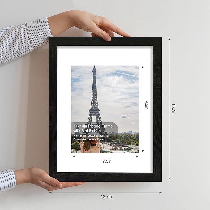 11x14 Picture Frame Set of 4, Made of Real Glass and Rustic Black Wooden Frame, Display 8x10 Pictures with Mat or 11 x 14 Posters without Mat for Wall Mounting, Gallery Photo Frames