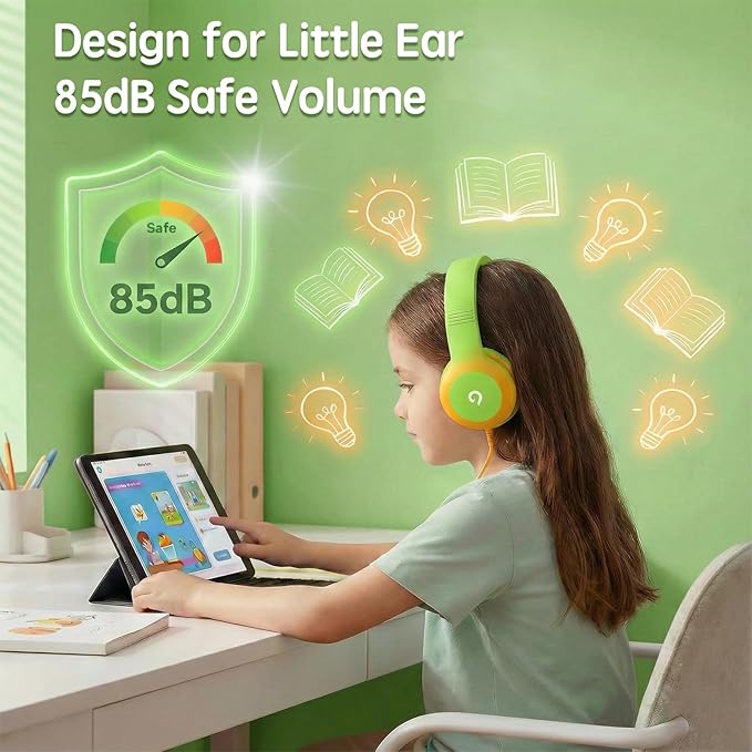 Wired Kids Headphones with USB C Plug, 85dB Safe Volume, Adjustable Headband, Tangle-Free Cord Headphones for School, Tablet, Travel (Lime Green & Orange, Without Microphone)