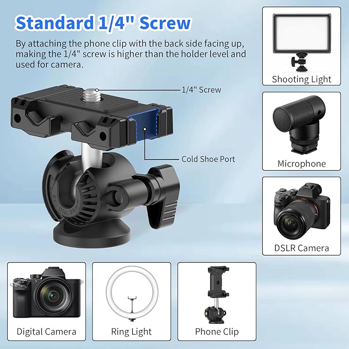 XXZU Phone Tripod Mount With Ball Head,Tripod Head 360°Rotating Camera Ball Mount, Phone Holder Adapter With Cold Shoe, 1/4"Screw Tripod Mount Attachment for DSLR Camera,Phone,Monopod, Max Load 4.4lbs
