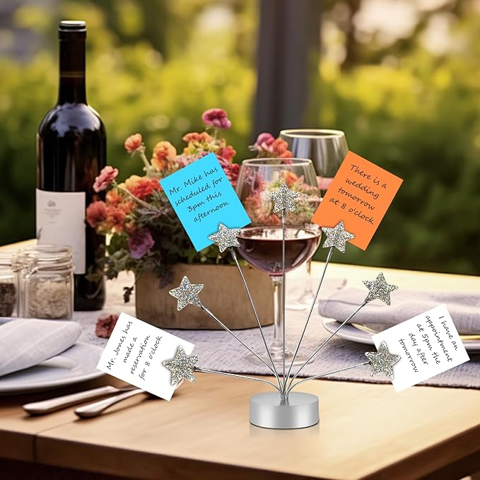FaitAtten 7-Branch Family Desktop Photo Tree Holder Clip Round Base, Card Picture and Memo Desk Frame Display Stand for Wedding Party Christmas Photo Clip Holder Table Numbers (Stars)