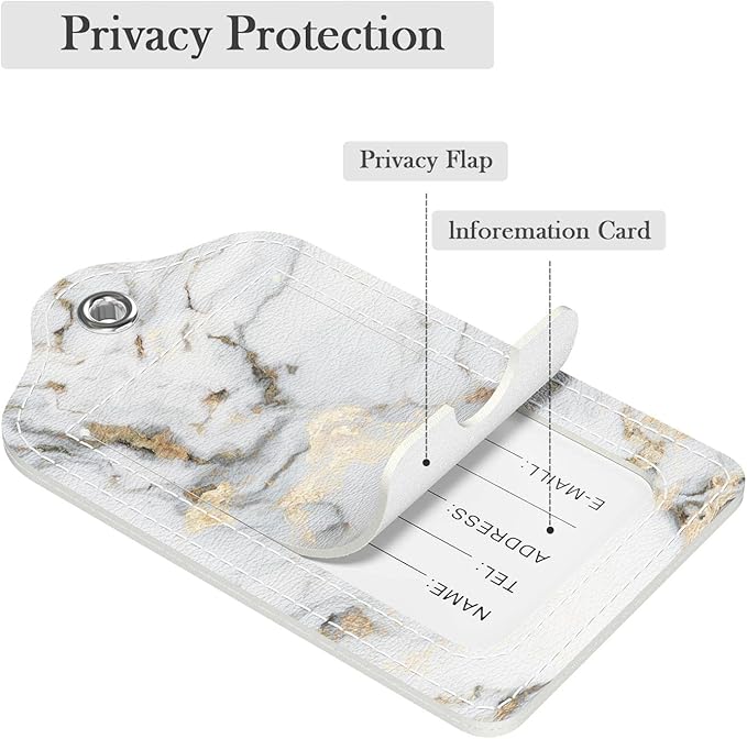 Luggage Tags for Suitcase, 2 Pack PU Leather Travel Cruise Luggage Tag with Privacy Flap, Name ID Label and Metal Loop for Women Men Suitcase Baggage Bag Backpack Instrument, White Gold Marble