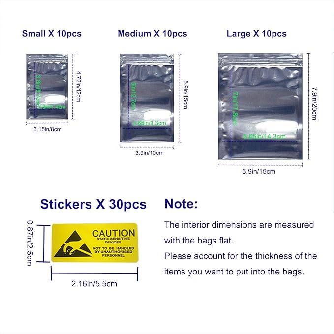 Antistatic Bags ESD Shielding Bag with Anti-Static Labels for Hard Drive SSD HDD Motherboard Video Card RAM Electronic Devices (30pc 3 Sizes ziplock)