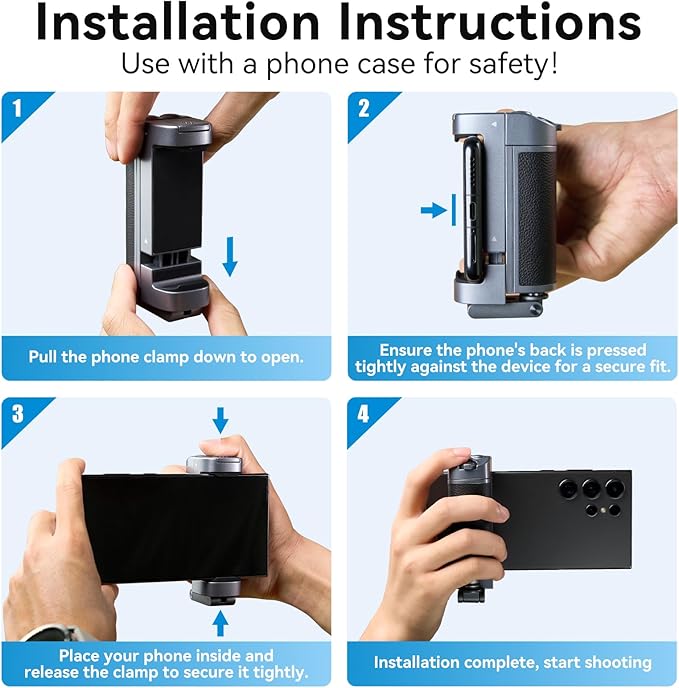 TELESIN Phone Camera Grip for Smartphone, Bluetooth Mobile Phones Handle Holder, Phone Shutter Grip Selfie Stick with Detachable Remote for One-Handed Control for iPhone Samsung Android Video Shooting