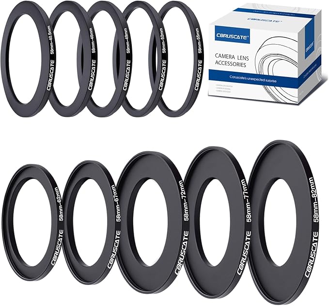 10Pcs 58mm Filter Ring Adapter Set,Filter Metal Stepping Rings for All Brands UV ND CPL 58-40.5mm,58-46mm,58-49mm,58-52mm,58-55mm,58-62mm,58-67mm,58-72mm,58-77mm,58-82mm